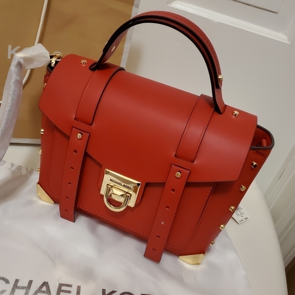 NWT Michael Kors Medium Manhattan Flame Red Leather Satchel/Crossbody
